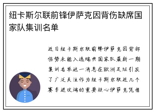 纽卡斯尔联前锋伊萨克因背伤缺席国家队集训名单