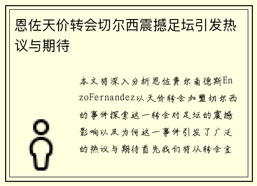 恩佐天价转会切尔西震撼足坛引发热议与期待