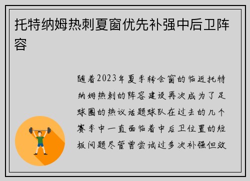托特纳姆热刺夏窗优先补强中后卫阵容